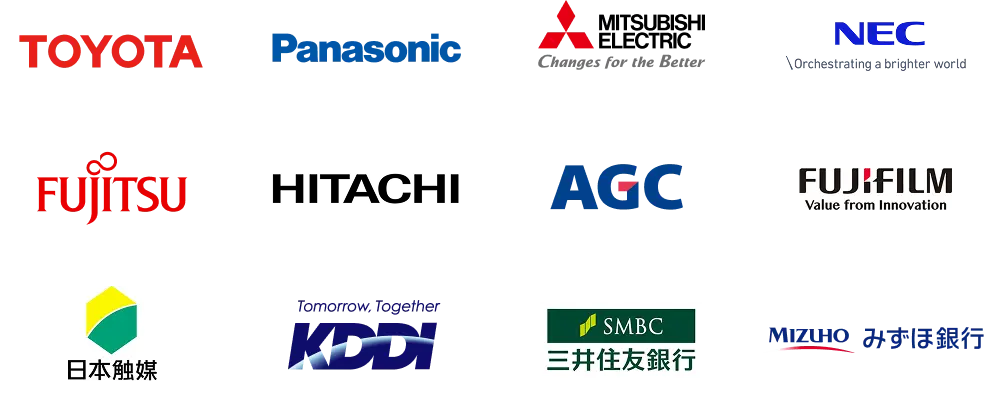 TOYOTA, Panasonic, MITSUBISHI ELECTRIC, NEC, 富士通, HITACHI, AGC, 富士フイルム, 日本触媒, KDDI, 三井住友銀行, みずほ銀行