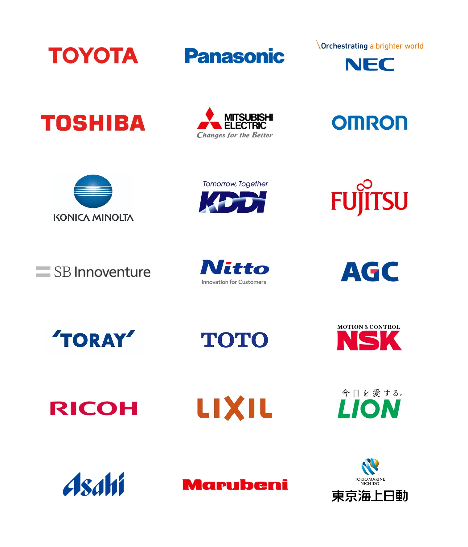 TOYOTA, Panasonic, NEC, TOSHIBA, MITSUBISHI ELECTRIC, OMRON, KONICA MINOLTA, KDDI, FUJITSU, SB Innoventure, Nitto, AGC, TORAY, TOTO, NSK, RICOH, LIXIL, LION, Asahi, Marubeni, 東京海上日動