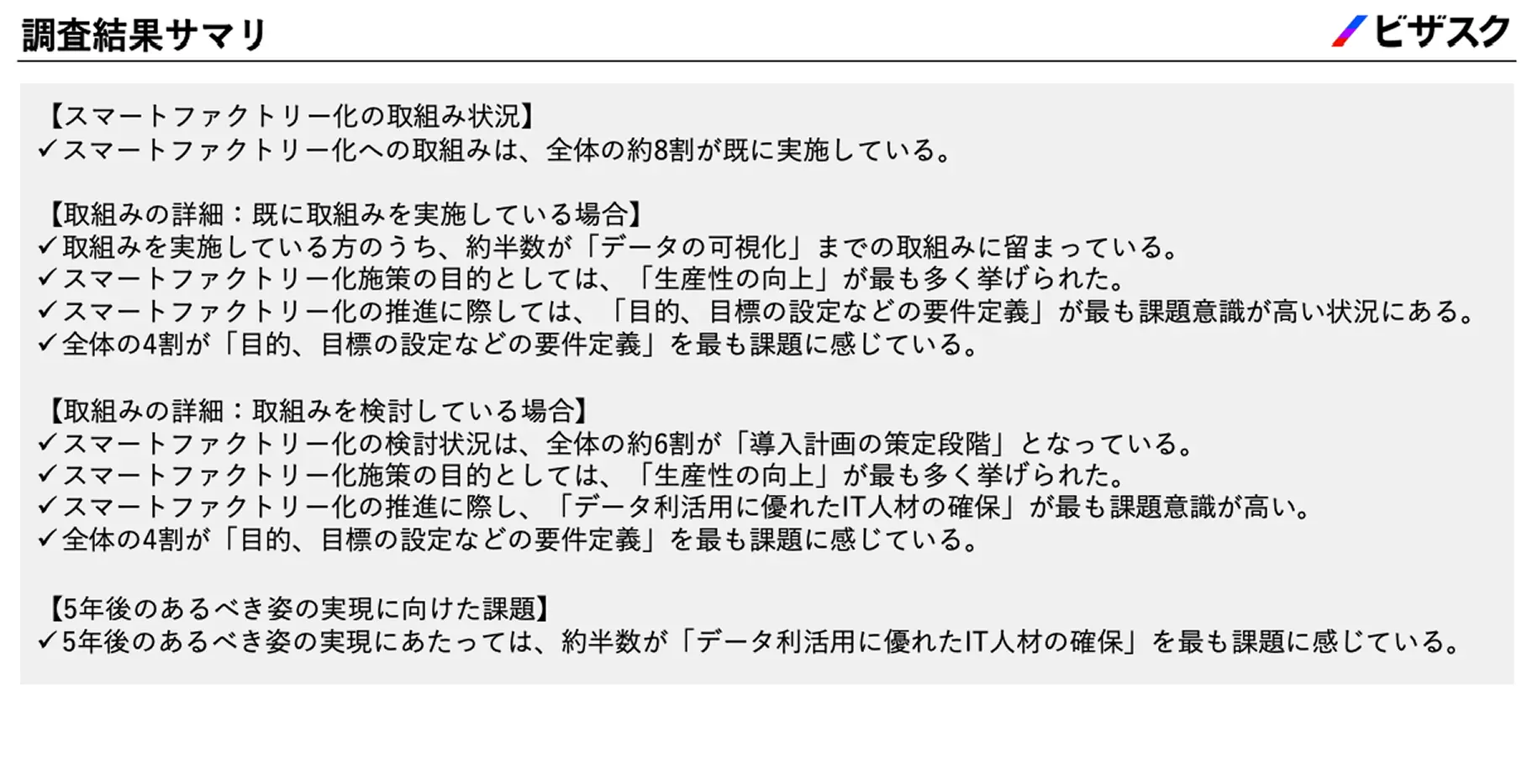 調査結果をサマリとしてレポート化することも可能。*オプション費用が発生します。
